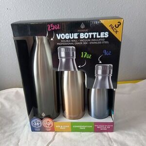 Manna Vogue 3 Pack Insulated Stainless Steel Water Bottles 25oz 17oz 9oz NEW